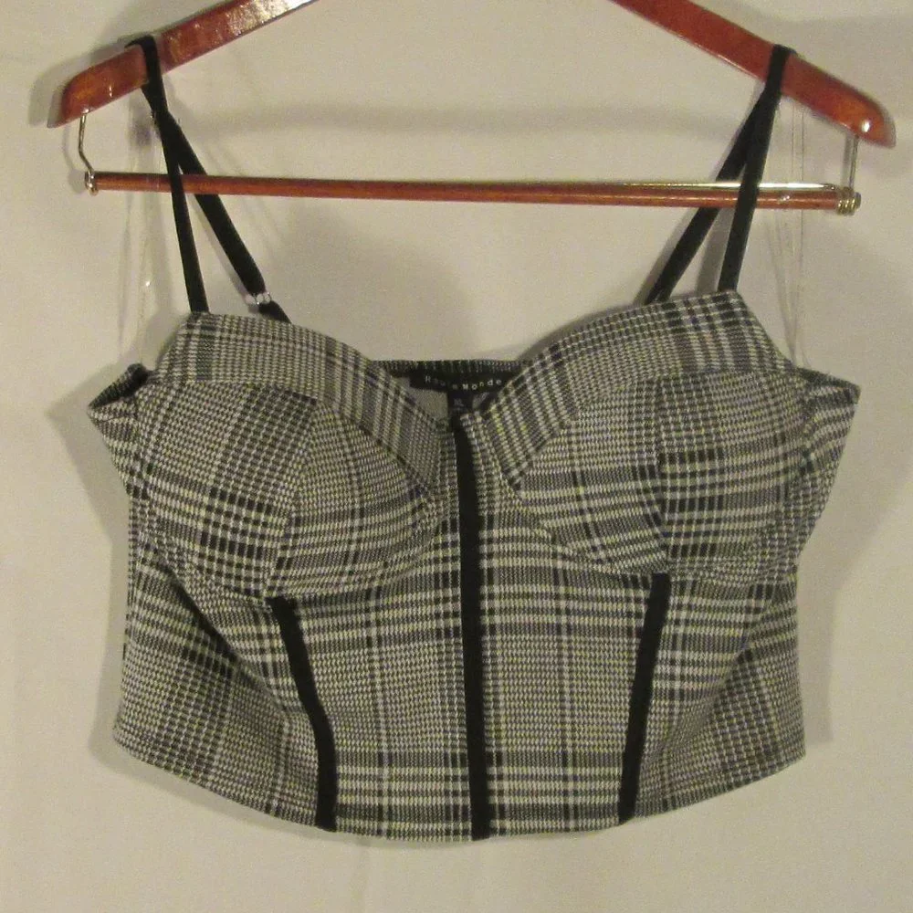 Haute Monde Women's Black and White Plaid Bralette Sz XL Padded Cups Blk… - Picture 1 of 4